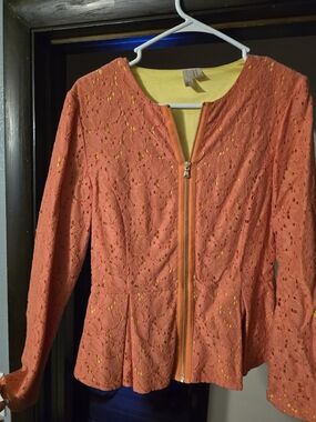 Forever 21 Coral Lace Zip-Front Peplum Jacket with Yellow Liner